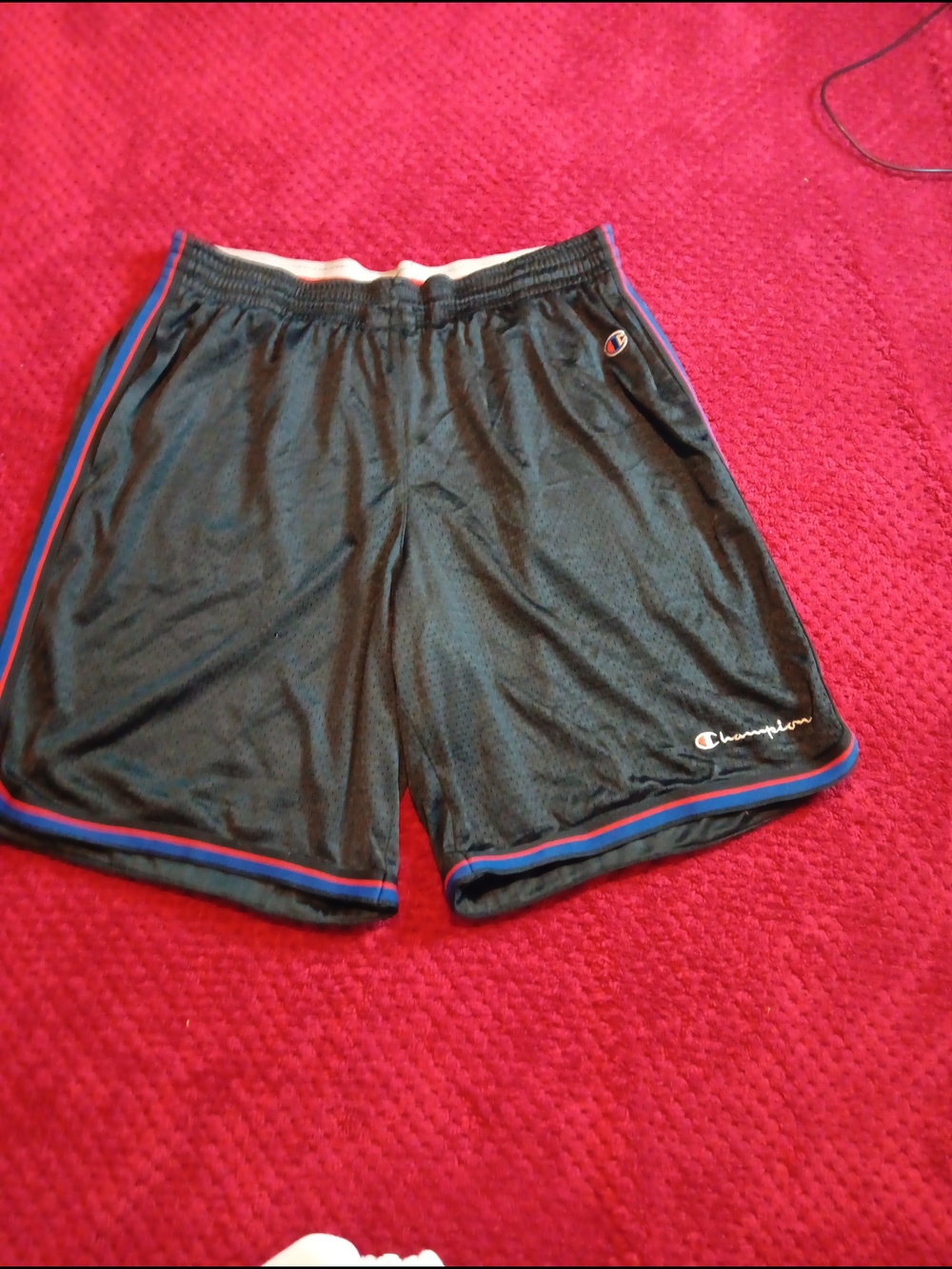 Champion Black Mesh Athletic Shorts with Red and Blue Trim